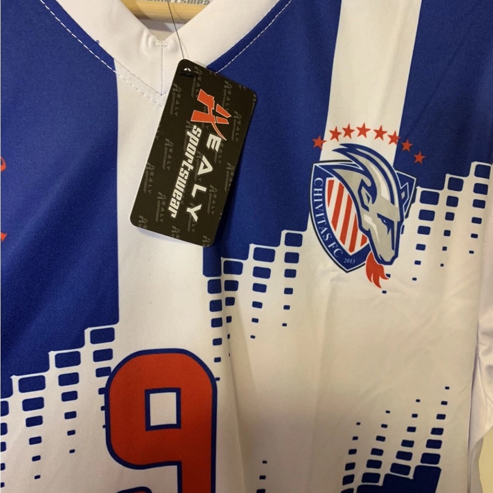 Healy‎ mens Sz L Chivitas FC Blue and White Sports Jersey